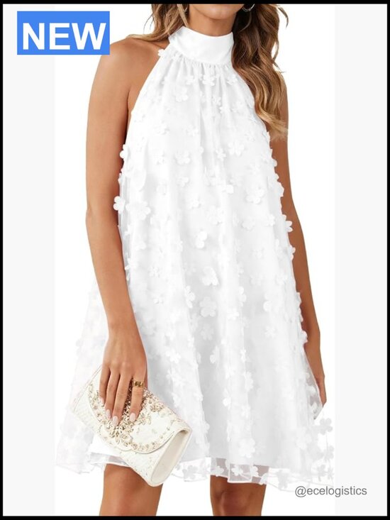 Dresses & Skirts - Halter Tulle Floral Mini Dress - A-Line Sleeveless